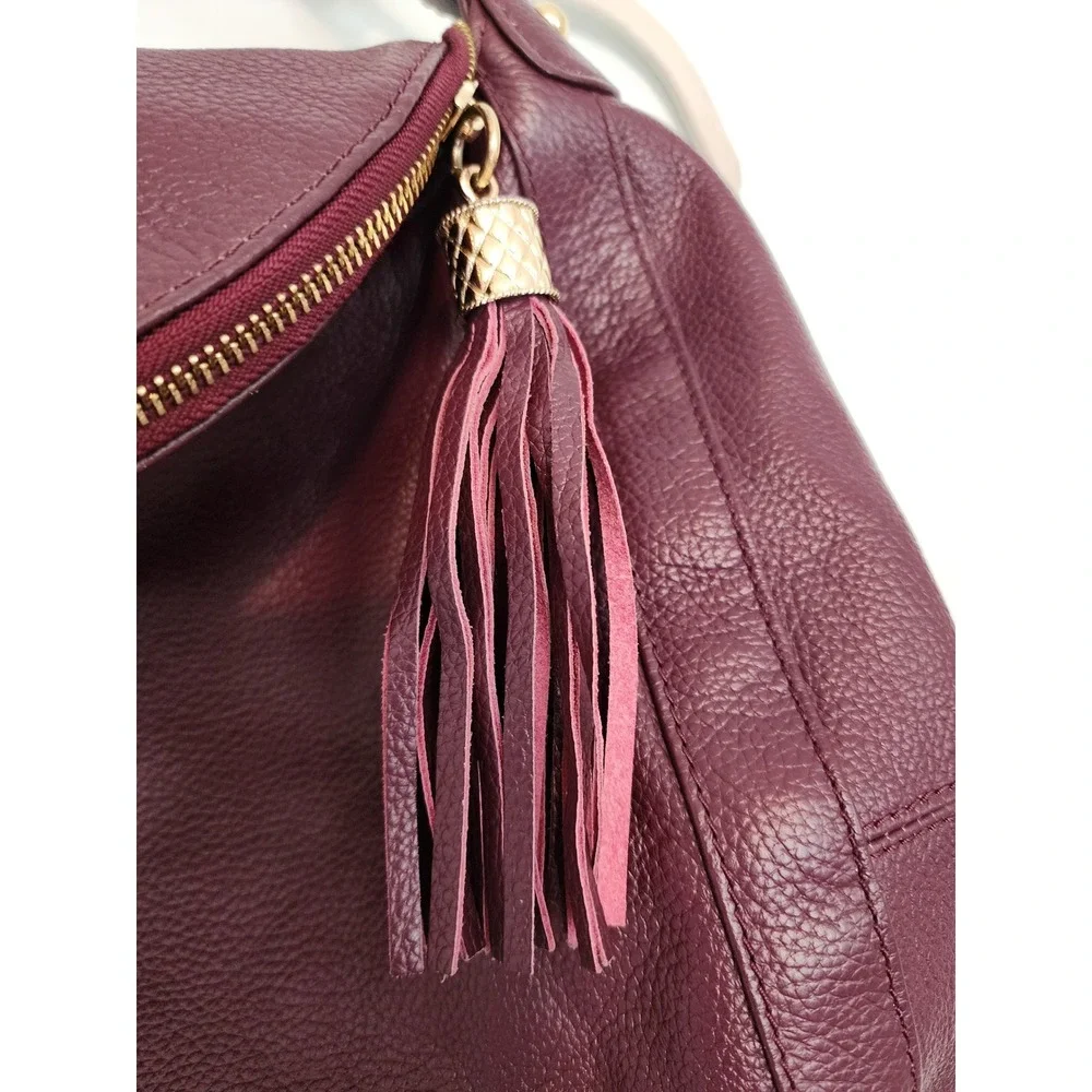 Onna Ehrlich Plum Pebbled Leather Hobo Bag Whipstitch Tassel Gold Hardware